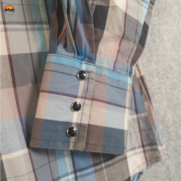 Wrangler Pearl Snap Button-Up Shirt Gray Blue Plaid Cotton Long Sleeve Men's M - Picture 4 of 11